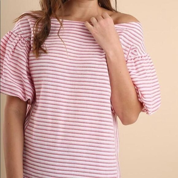 Umgee Red‎ And White Striped Balloon Sleeve Off The Shoulder Blouse Size S - Picture 1 of 10